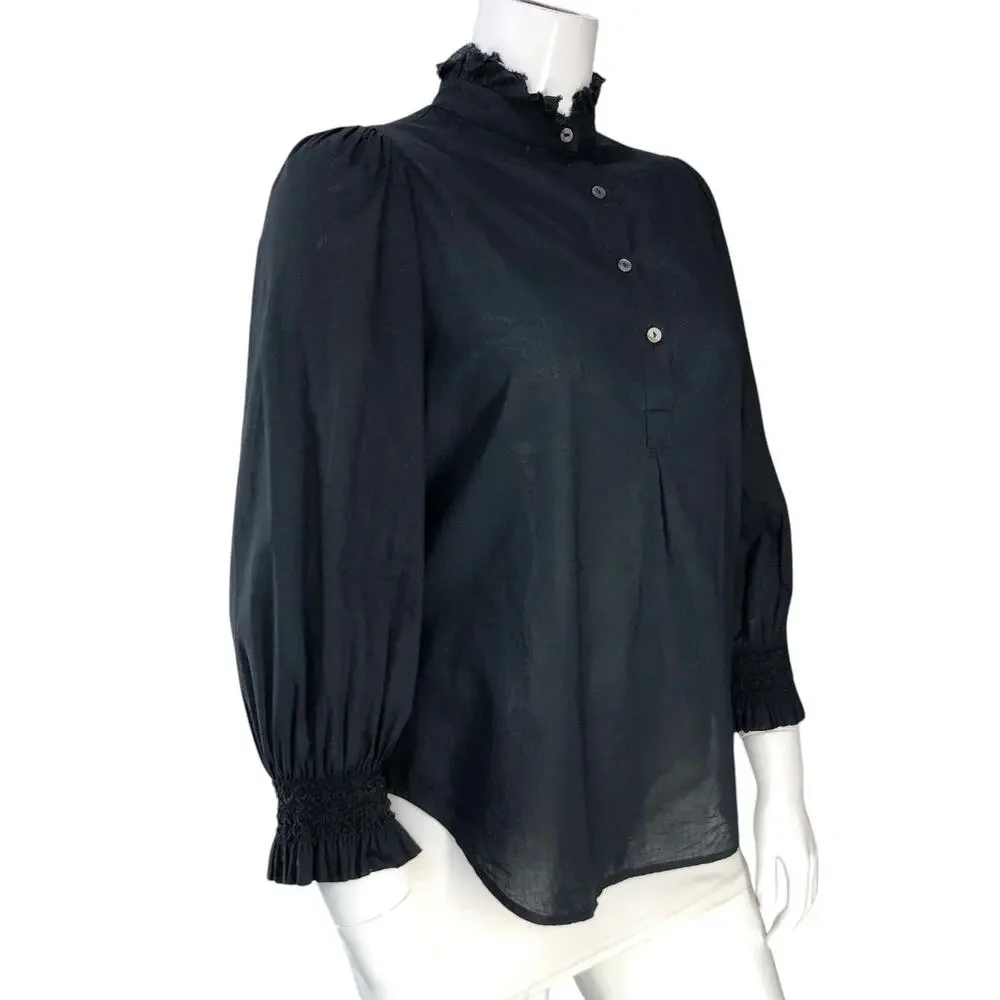 Tuckernuck Blouse Womens L Ruffle High Neck Puff Sleeve Smocked Cuff Black